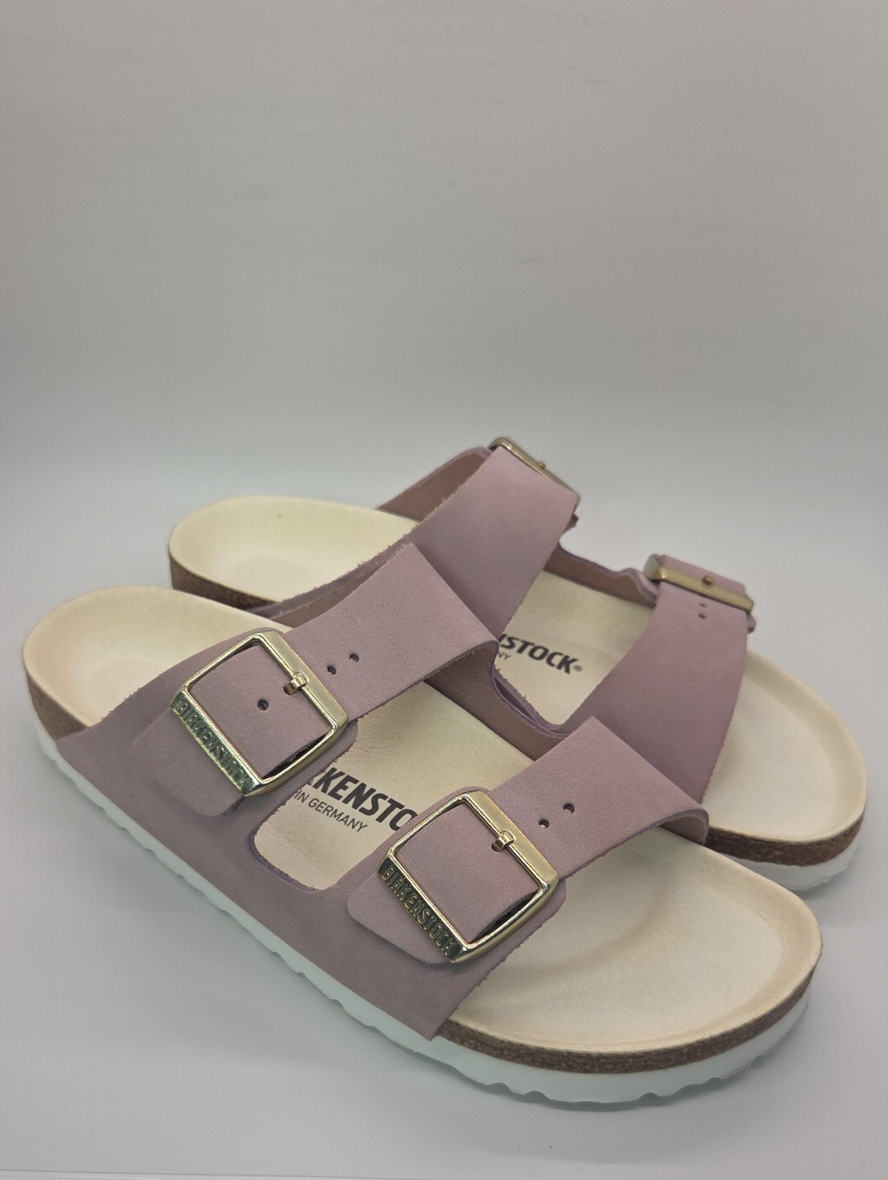 Birkenstock Microfiber Footbed Two-Strap Sandals in Lilac with Gold Buckles 39